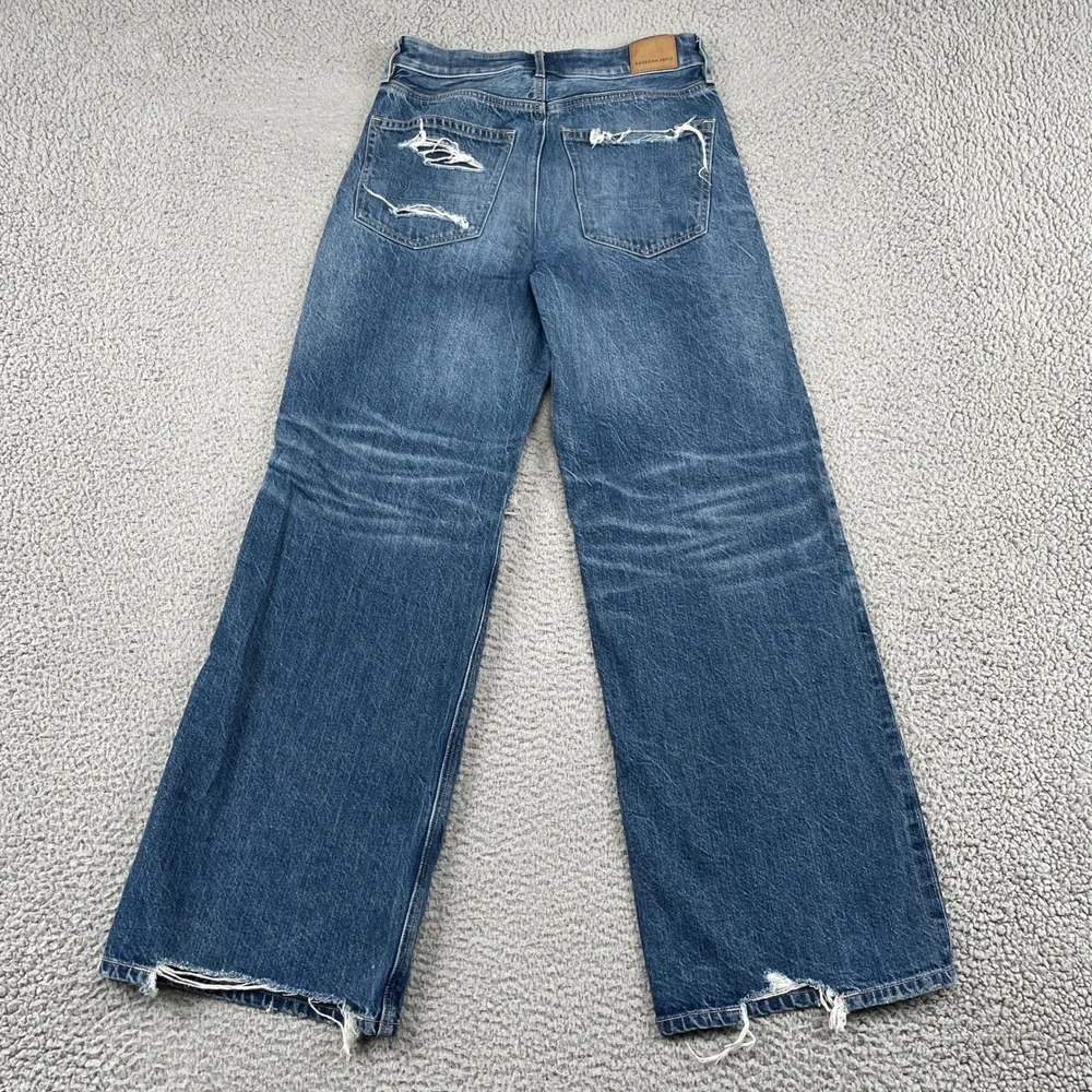 American Eagle Jeans Womens 2 Blue Baggy Wide Leg Super High Rise Distressed